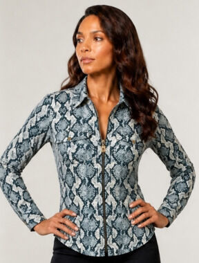 Michael Kors Women's Snake Print Zip Collared Blouse Small Blue Business